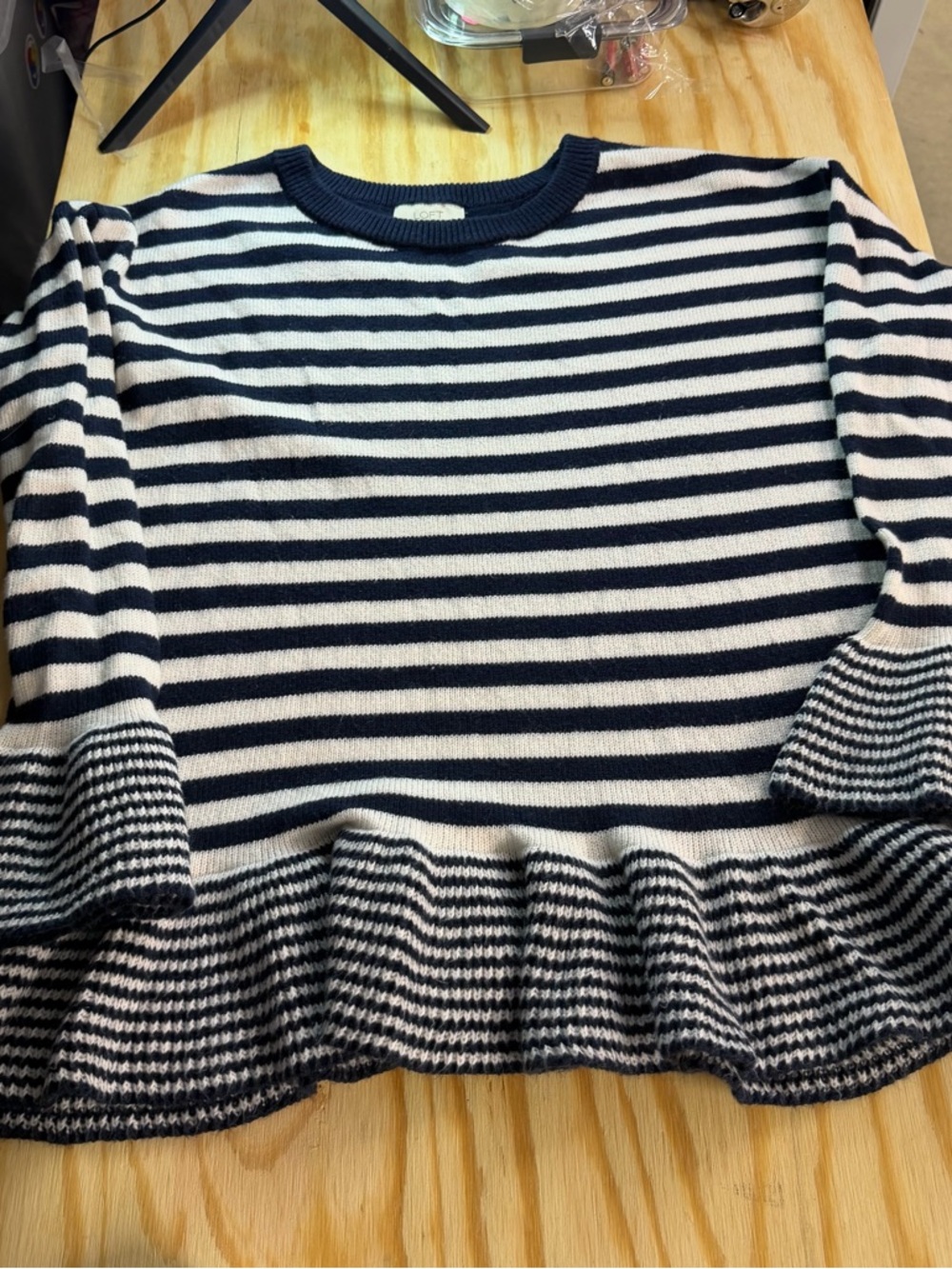 LOFT‎ Striped Ruffle Hem Sweater Women Size M Navy White Bell Sleeve Knit